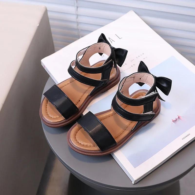 Little Girl's Sandals Gladiator Style Black White Children Sliders Flat Pu Leather Fashion Hook-loop Kids Summer Shoes 21-30