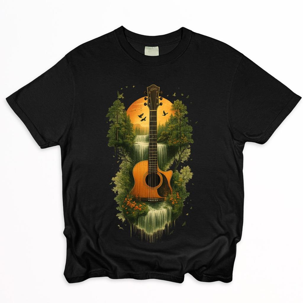 Nature Guitar Waterfall T-Shirt Acoustic Music Lover Forest Art Tee S-5XL
