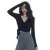 Sexy Slim V-neck Wrapped Women's Crop Tops Novel Solid Color Long-sleeved T-shirts