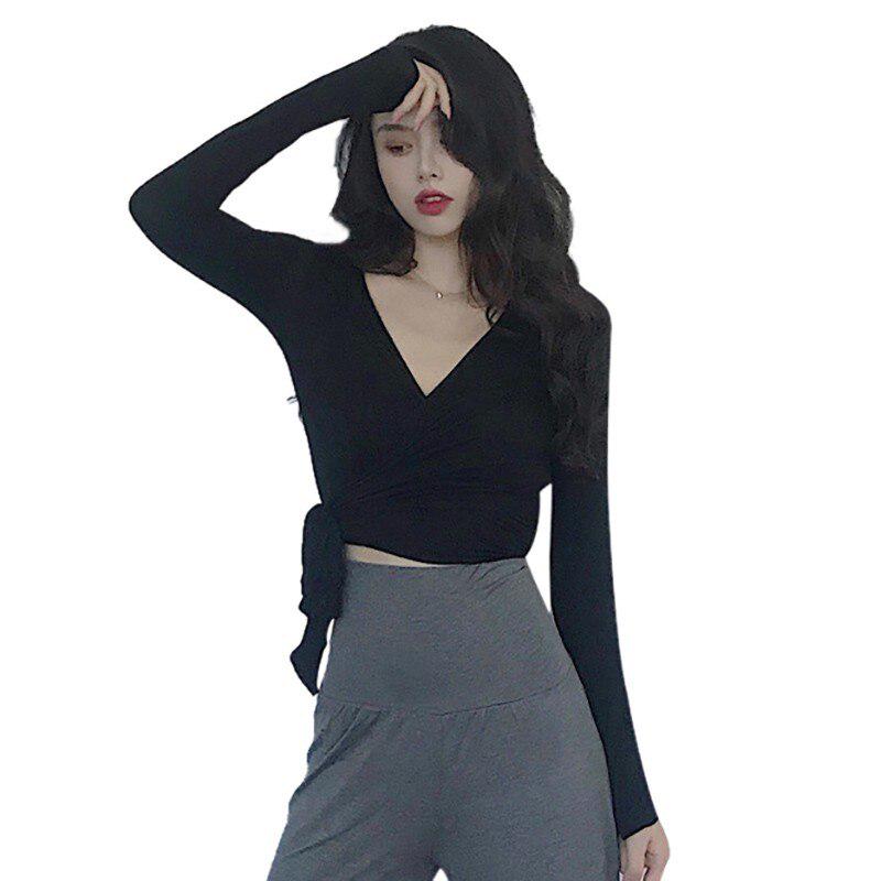 Sexy Slim V-neck Wrapped Women's Crop Tops Novel Solid Color Long-sleeved T-shirts