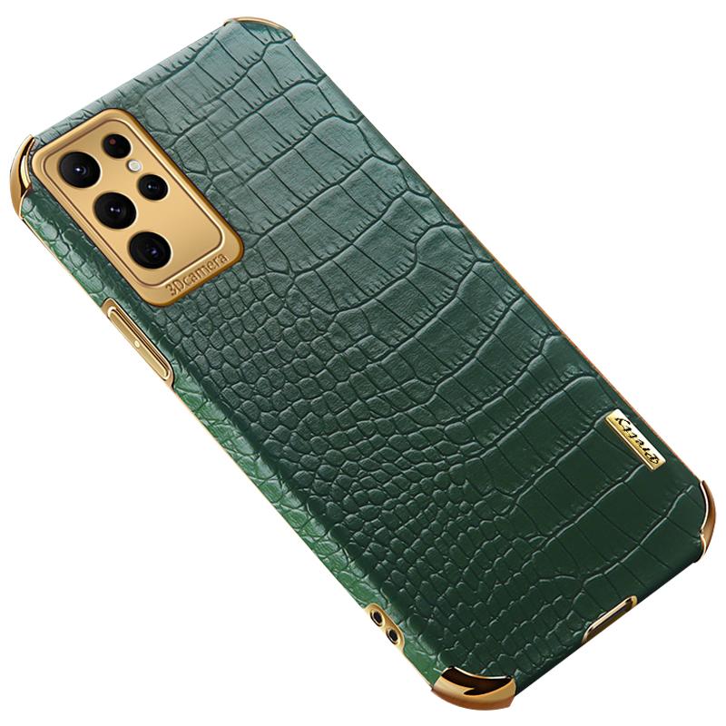 For Samsung Galaxy S24 Ultra Cell Phone Case Electroplated TPU+PU Crocodile Texture Back Cover