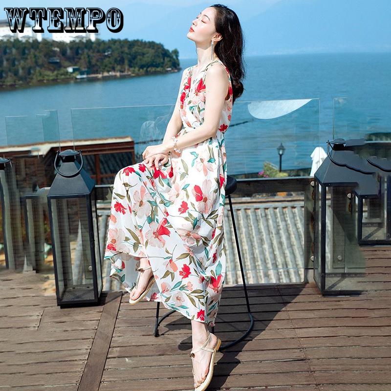WTEMPO Женское летнее платье с лямкой на бретельках, пляжный отдых, свободное пляжное платье с принтом, платье с цветочным принтом, богемное платье