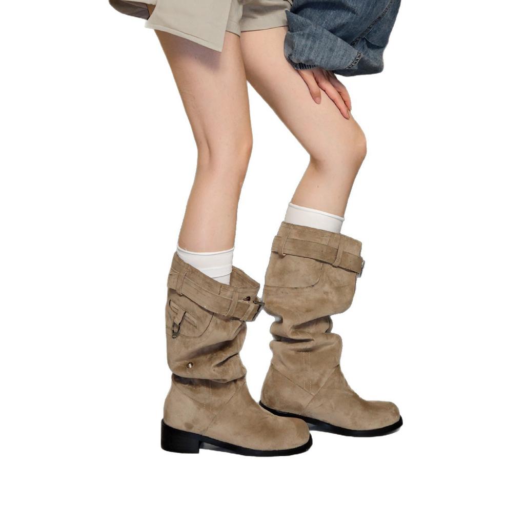 Blue Cabinet, But Knee Boots Women's 2025 New Thick Heel Round Head Thin Tall Knight Boots Pleated Pile Boots