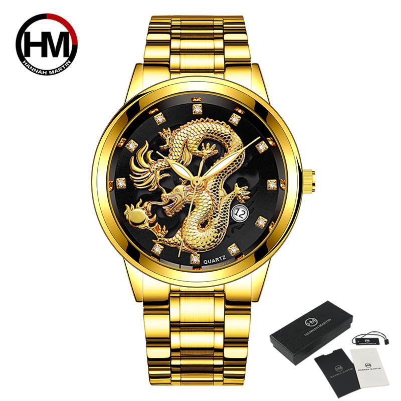Hannah Martin Stainless Steel Calendar Dragon Business Waterproof Quartz Men's Watch