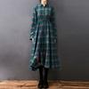 Women Dress with Belt V-Neck Long Sleeve Plaid Pattern Midi Dress Retro Style Spring Summer Fall A-Line Dress