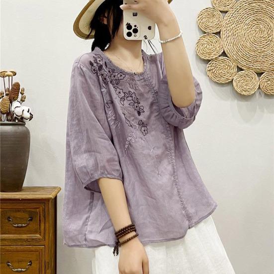 Женские топы с круглым вырезом и рукавами, вышитая футболка с цветочным узором, однотонная футболка, свободная рубашка, уличная одежда