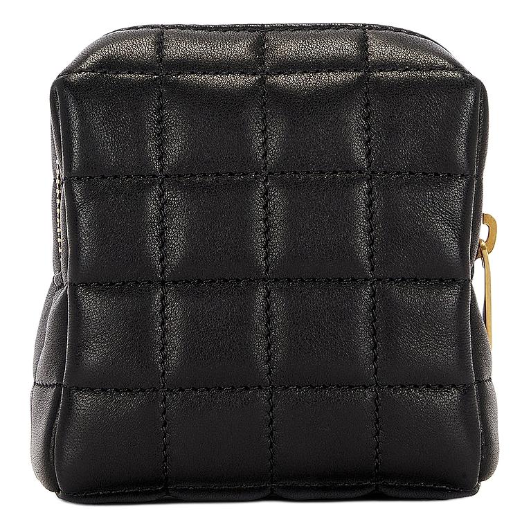 Saint Laurent Мини-клатч YSL с металлическим логотипом, золотистой фурнитурой и стеганой кожей, женский, черный, артикул 778102AABVP1000