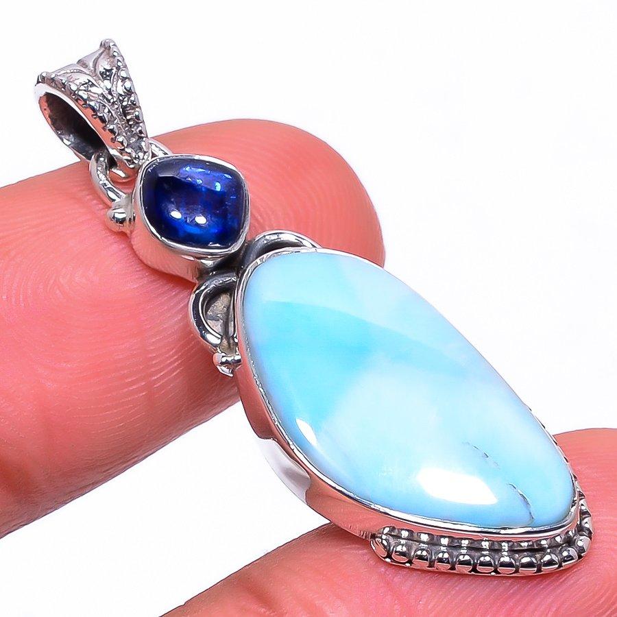 Natural Republic Larimar, Kyanite 925 Solid Sterling Silver Pendant 1.65" L6V50