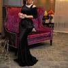 2024 O-neck Fishtail Hem Cold Shoulder 3/4 Sleeve Gown Dress Elegant Velvet Mermaid Long Dress