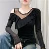 Spring Autumn New Long Sleeved O-neck Sexy Women's Beading Black T-Shirt Elegant Slim Hollow Out Ruffes Tops Tees
