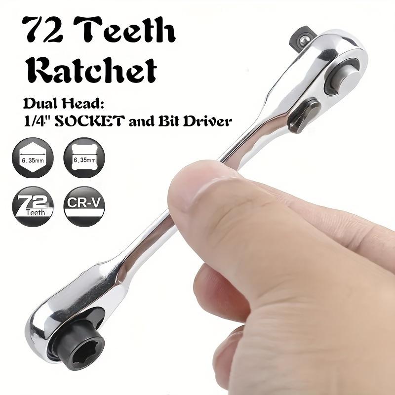 A 72-tooth Double-ended Mini Ratchet Wrench, 1/4 Socket and Screwdriver - Chrome Vanadium Steel Multipurpose Screwdriver and Socket Hand Tools