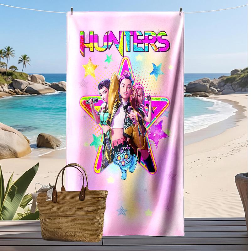 Пляжное полотенце с принтом Kpop Demon Hunters, Большое впитывающее быстросохнущее полотенце для летнего отдыха на природе и плавания