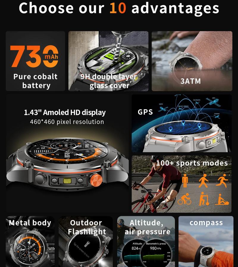 Новые уличные GPS смарт-часы 2025 1,43" AMOLED 10ATM Водонепроницаемый Браслет Компас Спортивный Трекер BT Звонок Смарт-часы Мужские Для Xiaomi IOS
