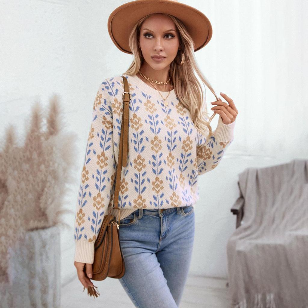 Осень-зима Винтажный свободный топ с длинными рукавами и принтом, трикотажный свитер с круглым вырезом