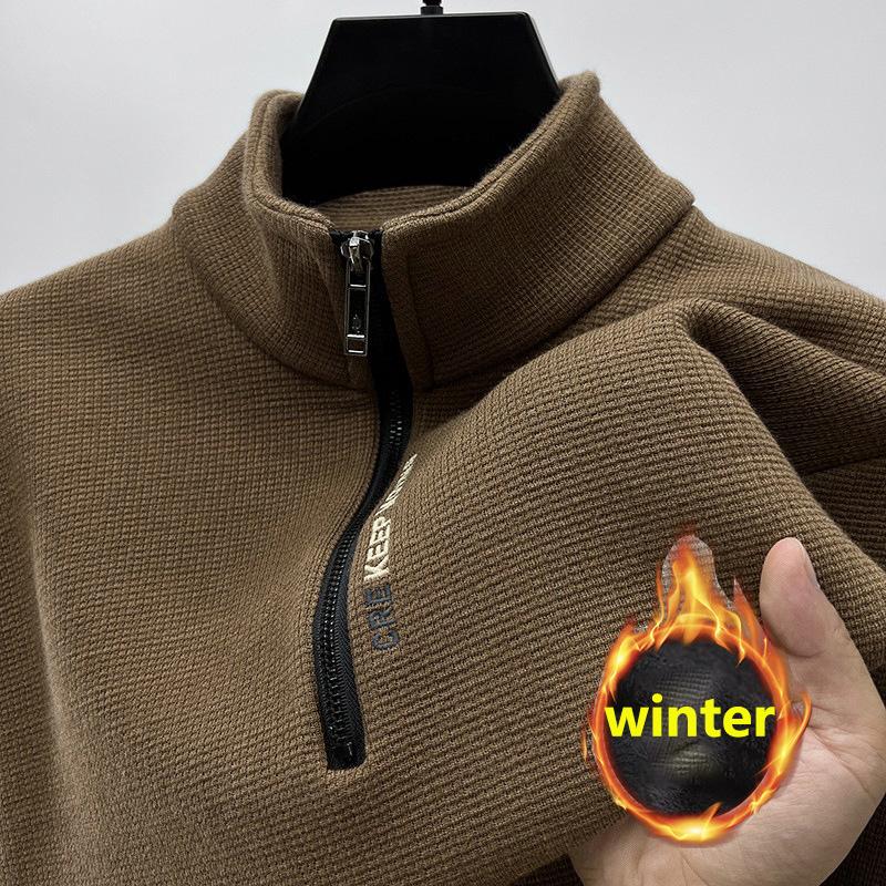 Plus Size Men's Autumn And Winter Sweatshirt Zipper Stand Collar Long Sleeves Thickened Fleece Solid Color Neck Guard Mid-length