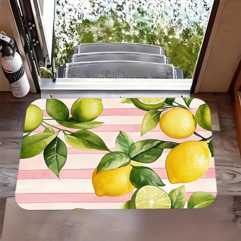 Pink Striped Lemon Lime Fruit Print Door Mat Anti Slip Entrance Doormat Summer Citrus Pattern Rug Entryway Kitchen Decor