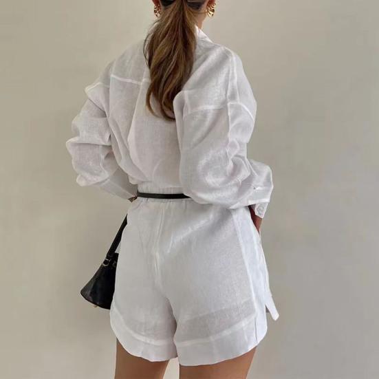 2 Pcs/Set Women Shirt Shorts Set Solid Color Long Sleeves Turn-down Collar Chest Pocket Blouse High Waist Loose Above Knee Length Pants Set