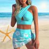 Women's Shoulder Strap Swimsuit Green Summer Printed Bikini Short Tank Top Swimsuit