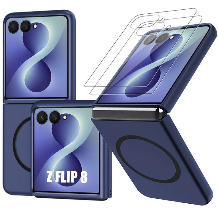Coque pour Samsung Galaxy Z Flip 8, Rigide avec Cercle Magnétique - Bleu Marine - 2 Verres Trempés