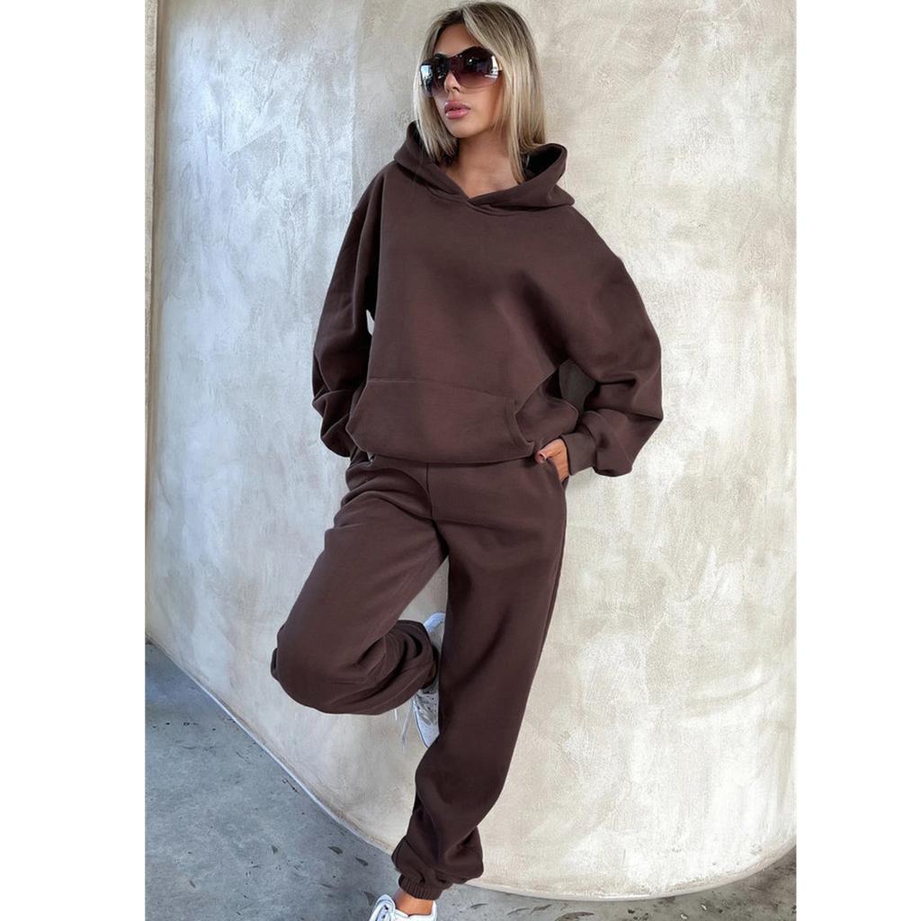 Женский однотонный комплект осенне-зимнего флисового свитшота с длинными рукавами и капюшоном, модный повседневный толстовка, брючный костюм