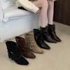 Осень 2025 новые ботильоны с острым носком, толстым каблуком, средней высотой каблука, коротким плиссированным голенищем для женской одежды с пряжками-ремнями и низким каблуком