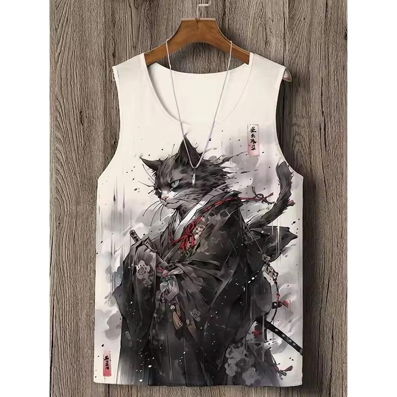 Винтажная майка в японском стиле, аниме, самурайский кот, 3D-принт, футболка без рукавов, повседневная, свободная, дышащая, смешной топ, мужская майка