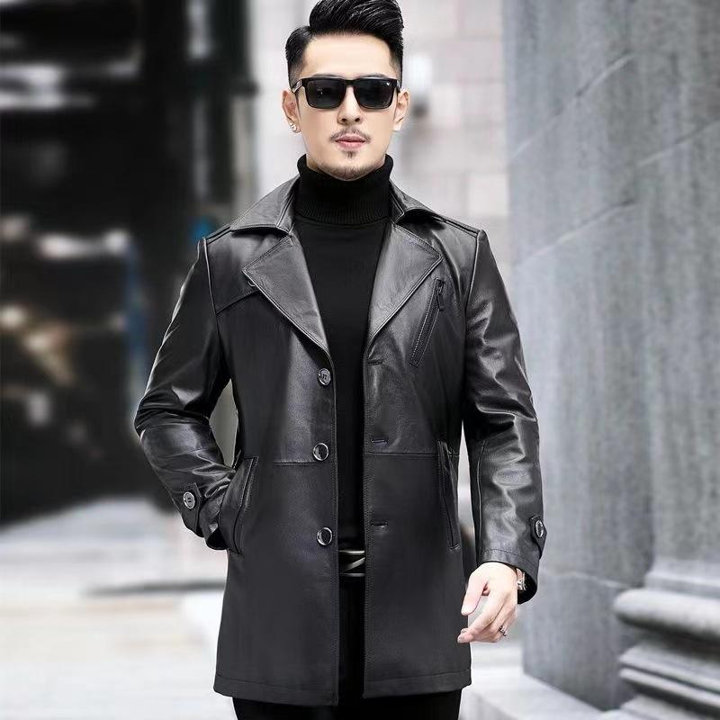 Зимние модели Кожаная куртка мужская средней длины с воротником из коровьей кожи Ветровка мужская утепленная и утолщенная кожаная куртка Внешняя часть