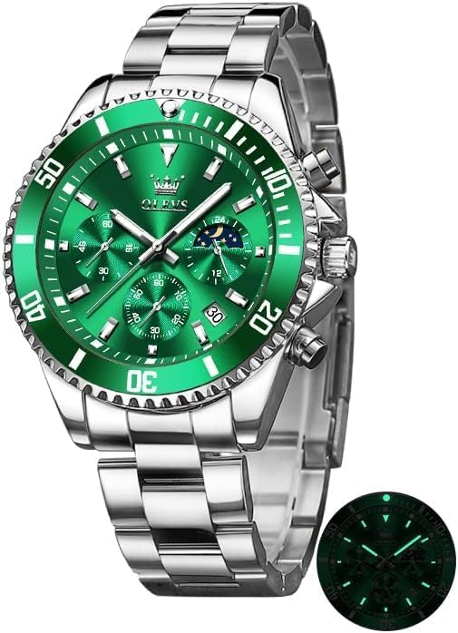 OLVES Quartz Popular Business Watch with Chronograph Easy to Luminous Stainless Steel Band Men's Watch, Movement, Read, Waterproof, (Green)