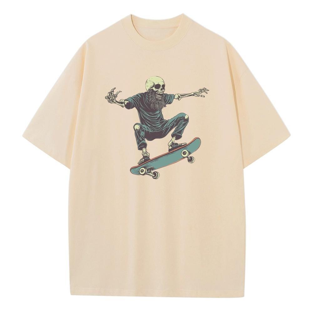 Summer T Shirt Baggy Style Pure Cotton Drop Shoulder Unisex Tops Skateboard Skeleton Retro Graphic T Shirts Breathable Print