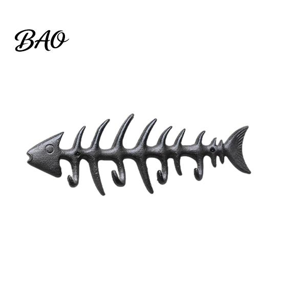 Fish Bone Hook Rack Bones Wall Mounted Towel Rack, Stylish Cast Iron Hanger with 4 Vintage Style Hooks for Towels Robes, Waterproof Rust-Resistant