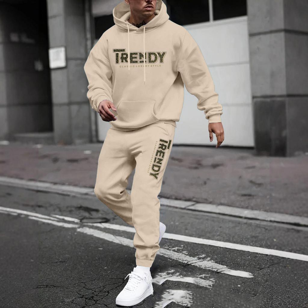 Men's Casual Solid Color Letter-printed Sweatshirt Set, Men's Fleece Hooded Drawstring Sweatshirt And Sweatpants Two-piece Set