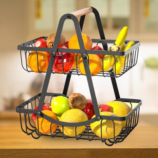 Двухслойная корзина для фруктов с деревянной ручкой, многофункциональная стойка для хранения, органайзер для столешницы, прочная металлическая подставка для фруктов