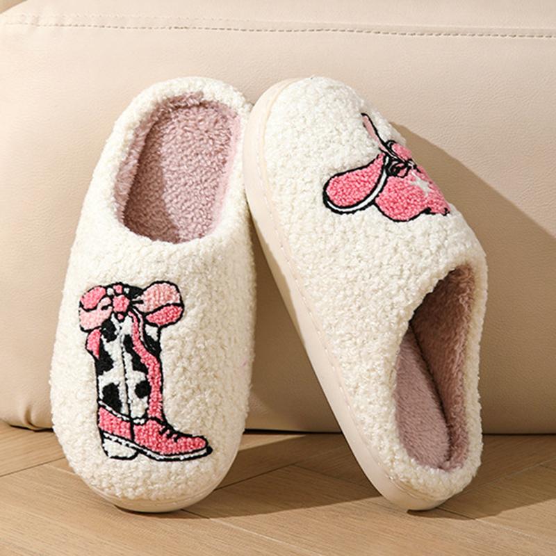 Fashion Cute Pink Floral Printed Plush Slippers for Women Soft Warm Non Slip Indoor Home Shoes Woman Comfortable Fluffy Winter Slippers