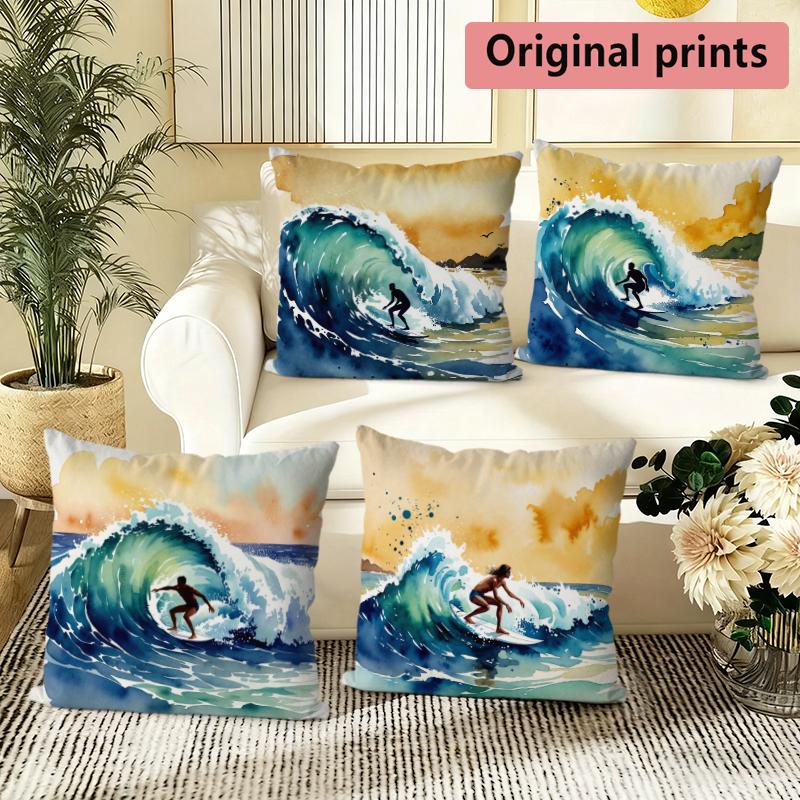 Watercolor Surfing Scene Decorative Throw Pillow Covers Pattern Cushion Cover Suitable for Sofa Bedroom Car Pillow Cover