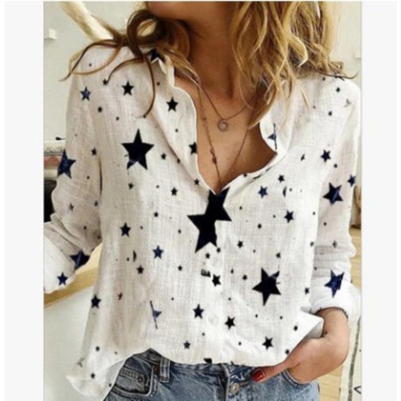 Женская мода повседневная весна осень звездный принт длинный рукав воротник поло блузки и рубашки
