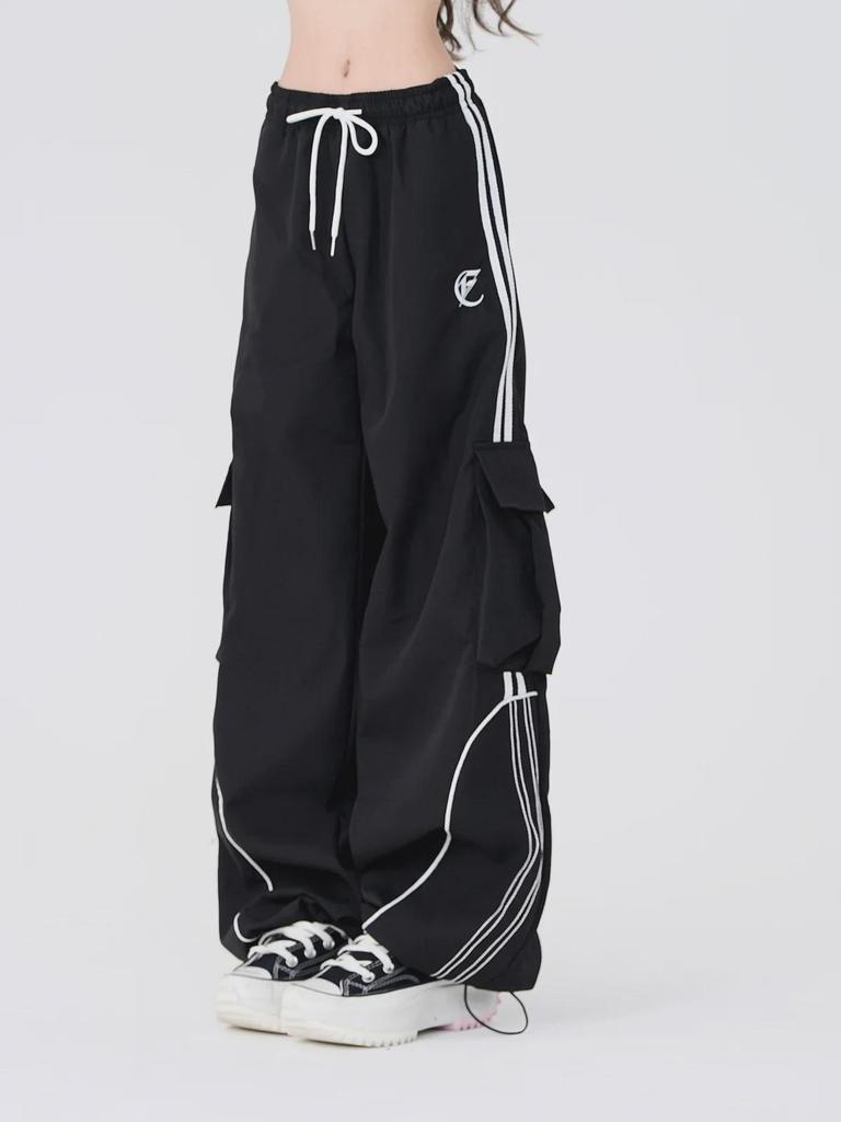 Женские модные черные спортивные брюки с широкими штанинами и карманами для уличных танцев - повседневная одежда в стиле хип-хоп на весну