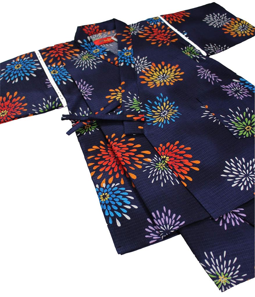 Fireworks Made In Red Summer Summer Room Wear [Warudo] Children's Jinbei, Girls, Kids, Jinbei, Pattern, Navy, Japan, Plum, 100% Cotton, Sizes 90,