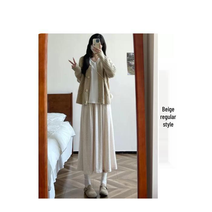 Темно-серая юбка А-силуэта с высокой талией для ранней осени: Женская повседневная струящаяся стройнящая юбка