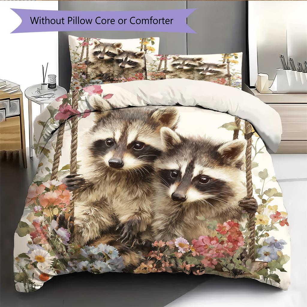 Raccoon and Flowers Pattern Bedding Home Decoration Birthday Gift (1 * duvet cover + 2 * pillowcase, without core)