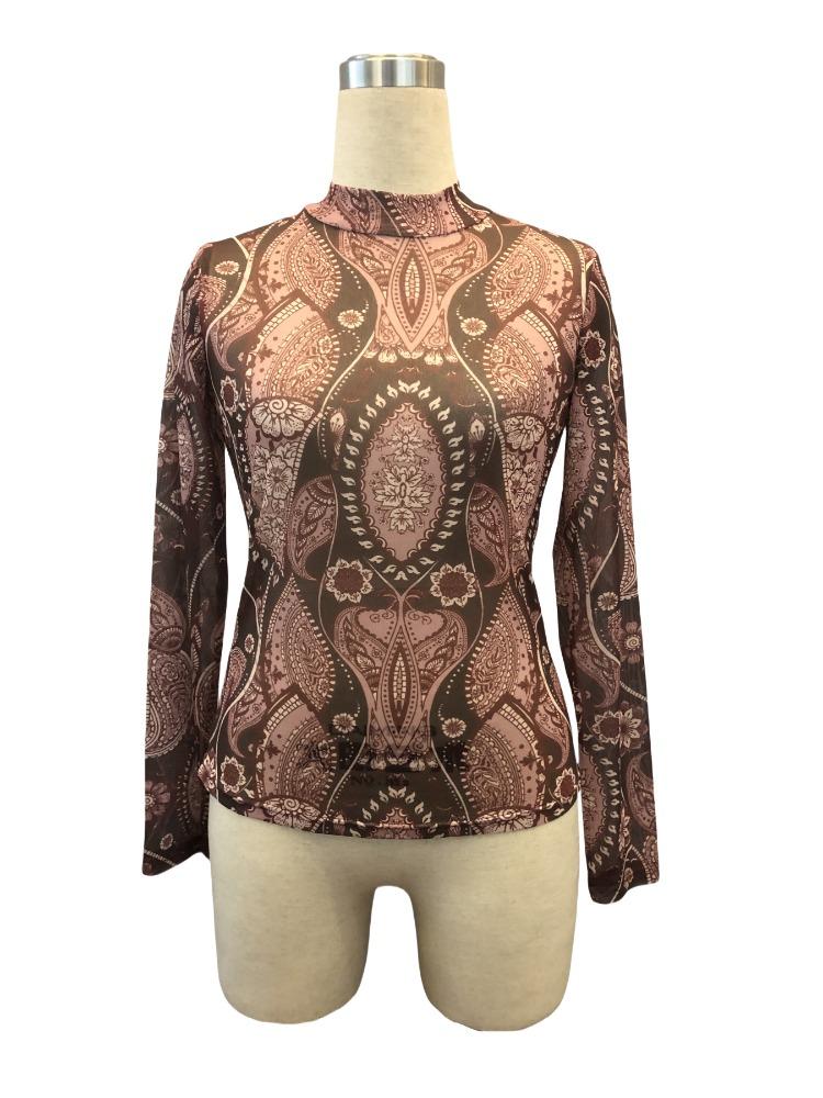 Весенне-летняя женская футболка с сетчатыми рукавами и воротником-стойкой с принтом пейсли, универсальная базовая вещь в гардеробе, модная одежда, рубашка