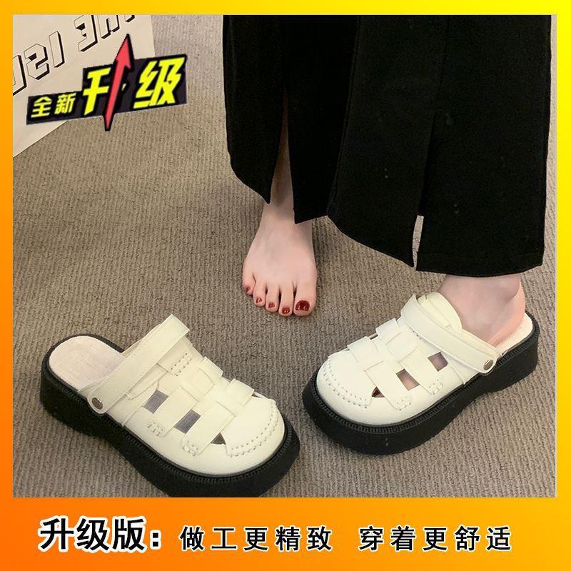 2025 popular hole hole Mori Roman shoes platform half slippers women's summer wear two wear hollow bag head sandals women's models