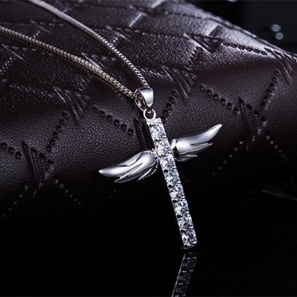 Elegant Silver Women Cross Love Angel Heart Wing Pendant Necklace For Stylish Ladies