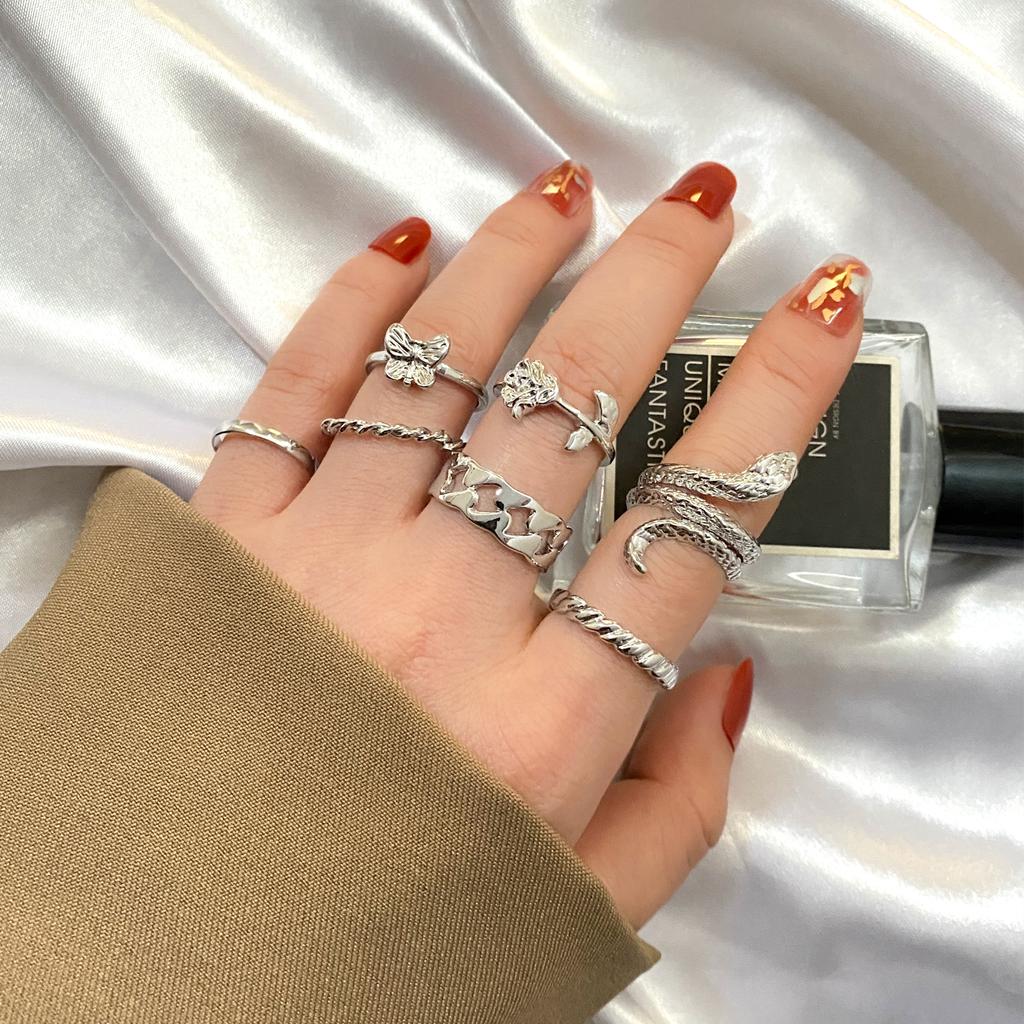 2024 Набор колец в виде змеи и розы, 7 предметов, модные милые кольца нерегулярного тренда, женские украшения для девочек