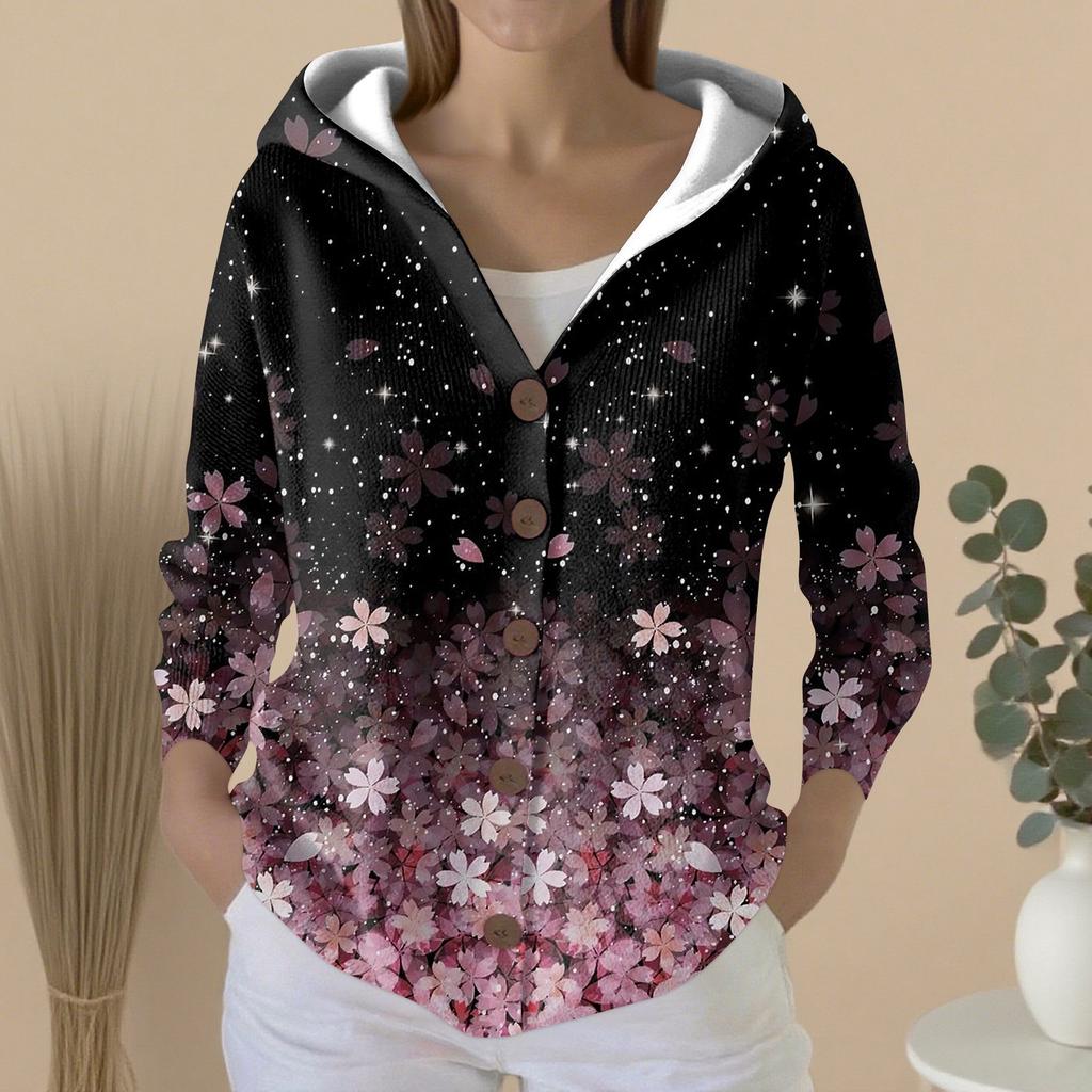 Women's Fashion Casual Sweater Button-Up Print Cardigan Hooded Jacket