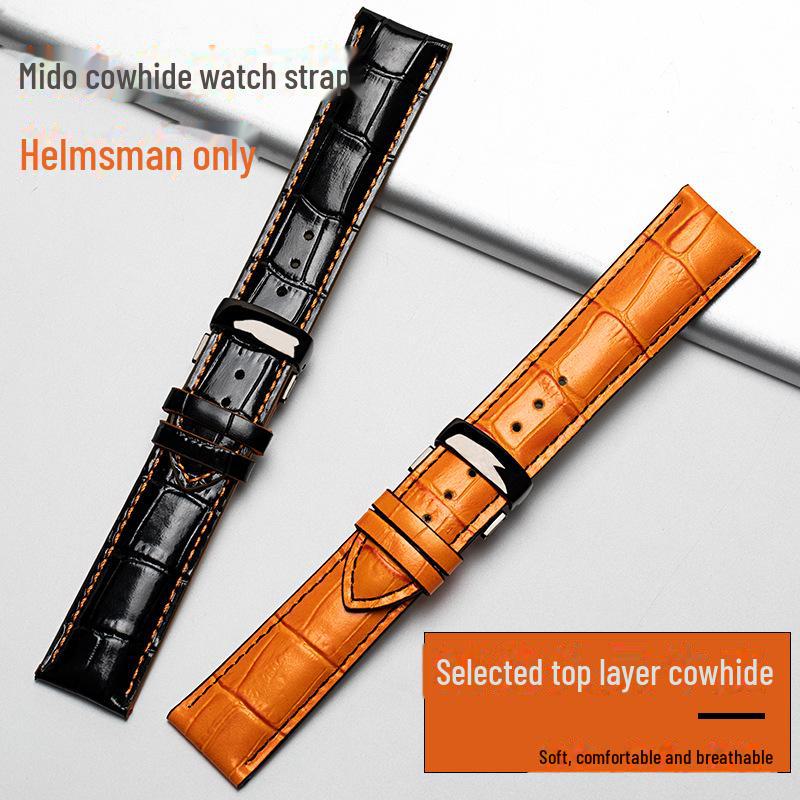 Mido Helmsman M005 Leather Strap, Black Cowhide Bracelet with Butterfly Buckle, 22-23MM