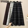 Клетчатая вязаная юбка для женщин Осень и Зима С высокой талией Средней длины до колена А-силуэт Вязаная юбка