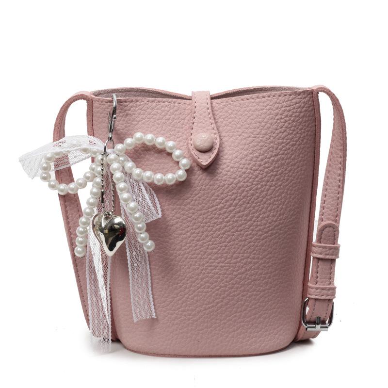 Korean Version of Casual Macaron Color Simple Lychee Pattern Mobile Phone Bag Female Versatile Commuter Foreign Style Messenger Bucket Bag