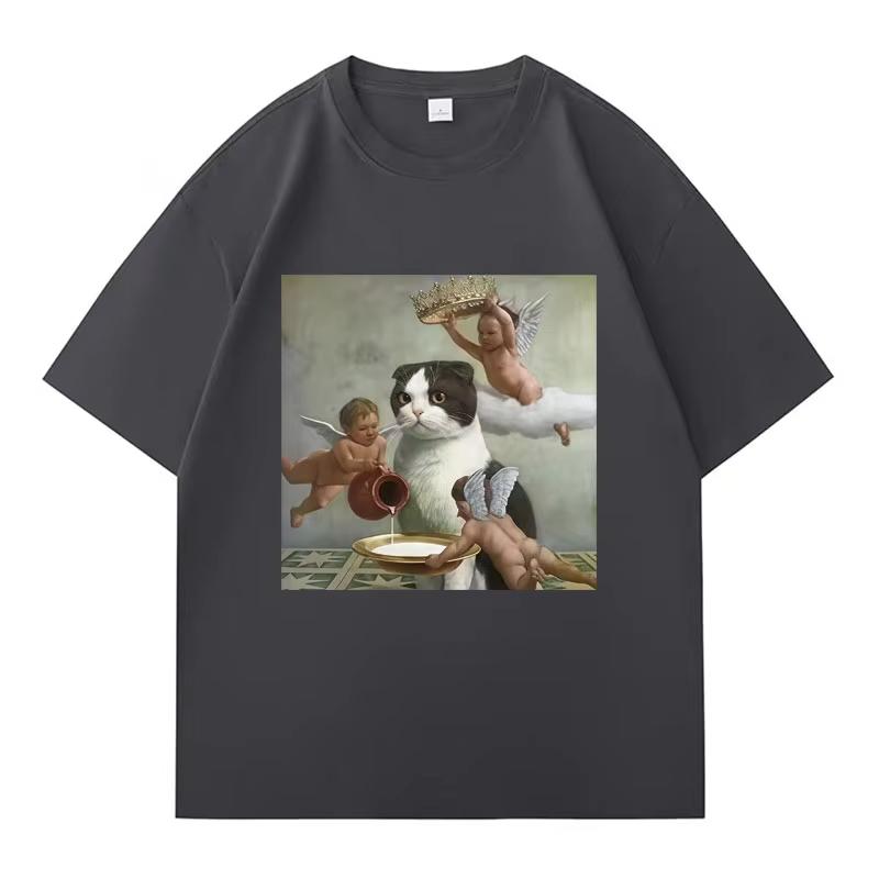 Funny Classical Art Cat T Shirt Angel Cherub Graphic Cotton Crew Neck Short Sleeve Unisex Oversized Vintage Meme Streetwear Tees