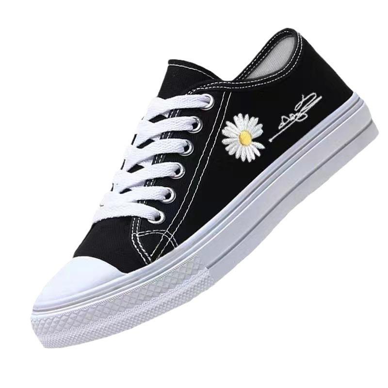 Весенние и летние парусиновые туфли для студенток, удобные модные трендовые повседневные туфли для досок, маленькие ромашки, на шнуровке, одинарные туфли