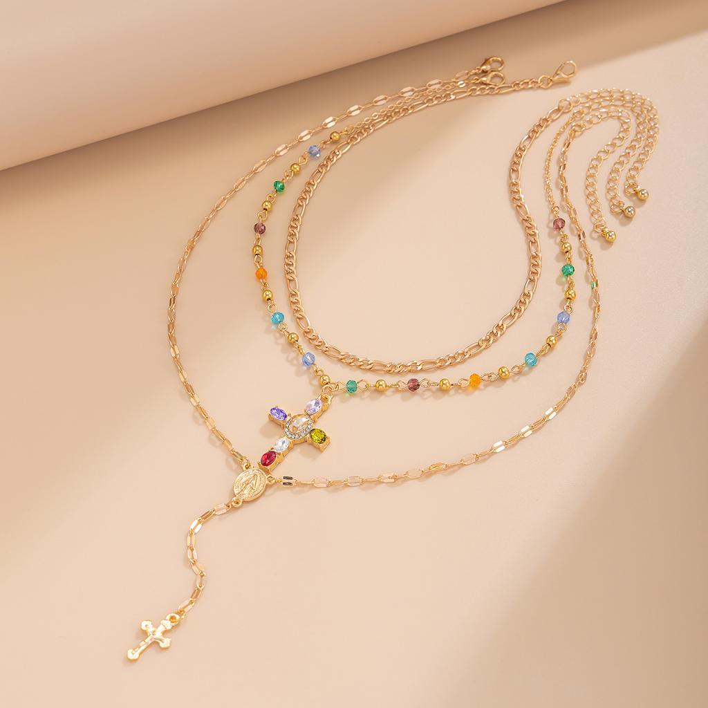 3Pcs/Set Colorful Crystal Cross Pendant Necklace for Men Hip Hop Adjustable Choker Collar Chain Christian Jewelry Accessories
